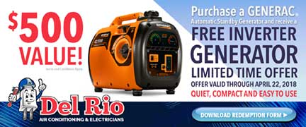 Del Rio Air Conditioning and Electrician Free Inverter Generator Coupon Offer.